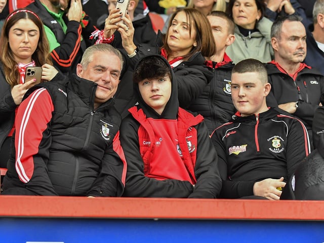 Fans in Celtic Park, on Sunday afternoon, for the Derry Junior Football Championship Final between Doire Trasna and Slaughtmanus. Photo: George Sweeney