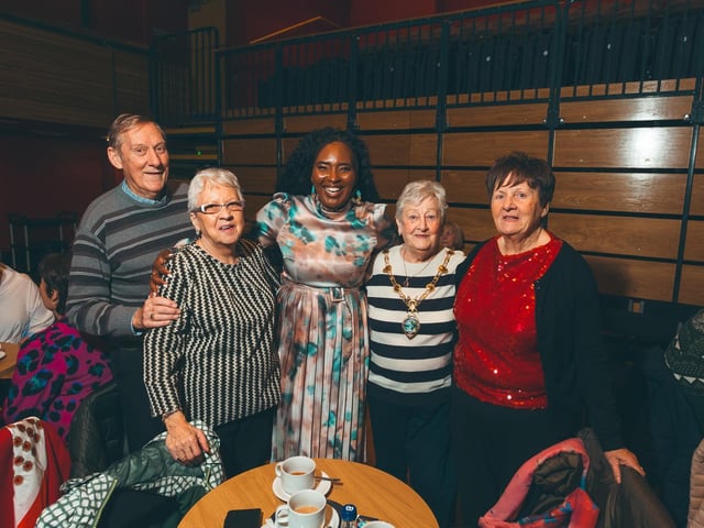 Christy McMonagle, Kathleen McMonagle, Bernie Good, and Frances McCarron enjoying the Mayor's Tea Dance, with Derry City & Strabane District Council Mayor Lilian Seenoi-Barr.  : .