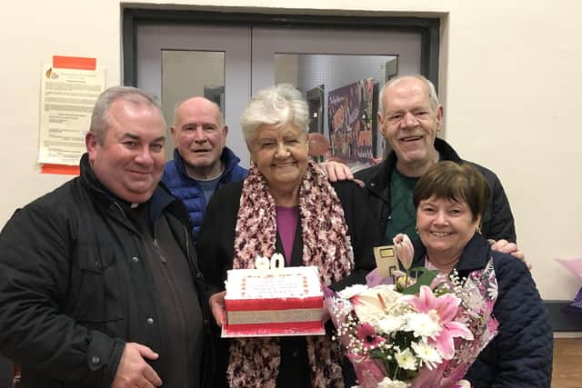Fr. Francis Bradley .P.P. pictured with Joe O Donnell, Carmel Mc Dermott, Willie Doherty and Ellen Quinn of the Burt Bingo, pictured in St. Mary's hall.