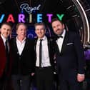 Gary Barlow, Andrew Lloyd Webber, Gareth Malone and Lee Mack pose onstage during the Royal Variety Performance 2022 at the Royal Albert Hall in London