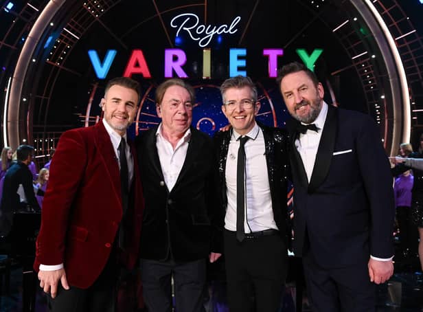 Gary Barlow, Andrew Lloyd Webber, Gareth Malone and Lee Mack pose onstage during the Royal Variety Performance 2022 at the Royal Albert Hall in London