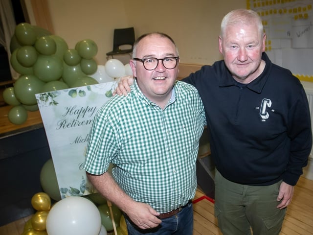 Retiring Vice Principal Michael Bradley pictured with his former colleague Rory Morrison.