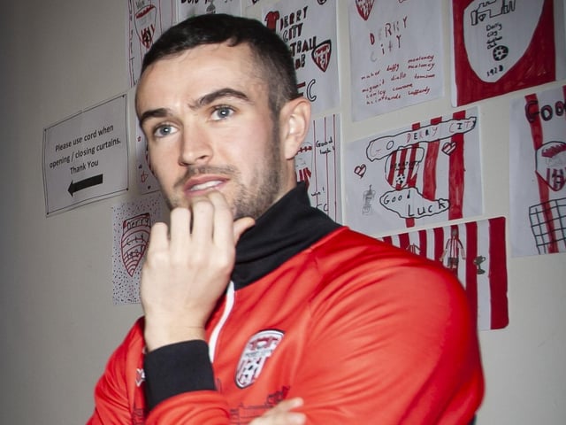 Derry City's Michael Duffy addressing excited pupils from Steelstown Primary School on Tuesday morning ahead of Sunday FAI Cup Final. (Photo: Jim McCafferty)