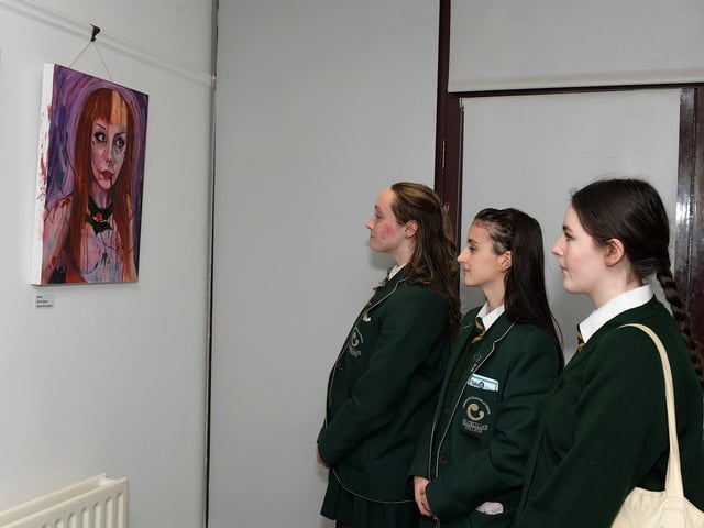 Year 14 students St Cecilia’s College, pictured at the launch of the International Women’s Day 2024 Art Exhibition at Eden Arts Place, Pilot’s Row on Thursday afternoon last. The exhibition features the work of three past pupils from the school. Photo: George Sweeney