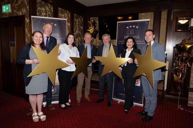 Joy Browne, Donegal Tourism, Donegal County Council, Robert McElhinney, Dillons Hotel Manager, Bridgene Keeley, Director of Marketing, Sales and Communications, McKeever Hotels, Jimmy Stafford, Letterkenny Chamber, Eugene McKeever, McKeever Group Chair / Founder, Joan Crawford, Fáilte Ireland and Eddie McKeever, McKeever Hotels Managing Director at the announcement of the 4 Star rating for Dillions Hotel in Letterkenny