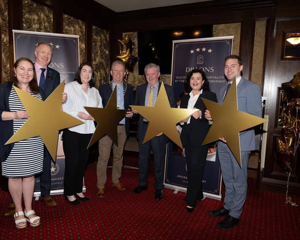 Joy Browne, Donegal Tourism, Donegal County Council, Robert McElhinney, Dillons Hotel Manager, Bridgene Keeley, Director of Marketing, Sales and Communications, McKeever Hotels, Jimmy Stafford, Letterkenny Chamber, Eugene McKeever, McKeever Group Chair / Founder, Joan Crawford, Fáilte Ireland and Eddie McKeever, McKeever Hotels Managing Director at the announcement of the 4 Star rating for Dillions Hotel in Letterkenny