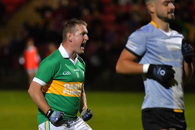 Tomas Brady celebrates scoring Ballymaguigan ‘s second goal against Moneymore’s in the Junior Football Championship final at Owenbeg on Saturday evening.  Photo: George Sweeney