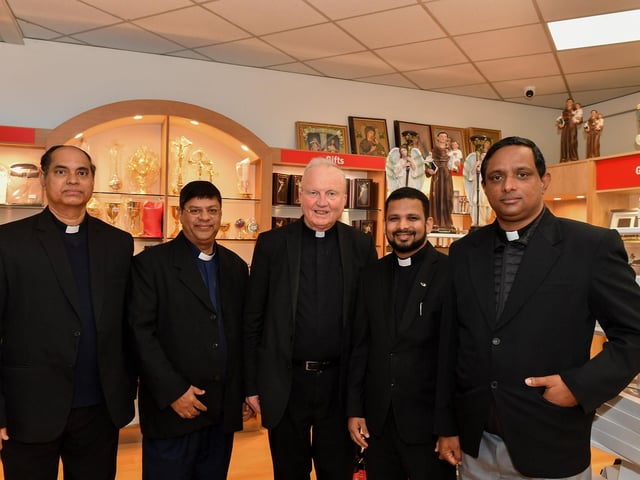 Fr. Paul, Fr. Gilbert, Fr Thomas and Fr. Sebastian, members of the Society of St Paul, a religious congregation for men dedicated to the apostolate of the mass media, pictured with the Bishop of Derry Dr. Donal McKeown at the official opening of St Paul’s book and gift shop on Shipquay Street.  Photo: George Sweeney