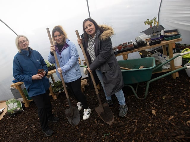 Teachers getting ready to do some digging during last weeks event at Hollybush - From left, Angela Beattie, St. John's College, Maria Prince, St. Brigid's College, Carnhill and Sharon McWilliams, Forge Integrated PS, Belfast.