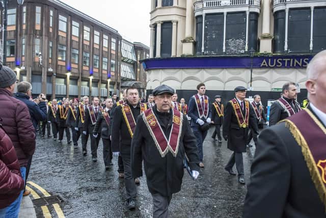 Apprentice Boys of Derry march at a previous Lundy’s Day parade. DER4818GS036