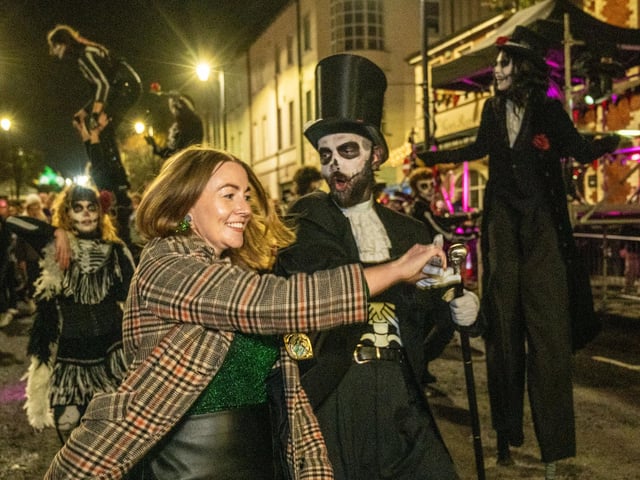 The Mayor Councillor Grace Uí Niallais at the wake oif Walter De Burgh, New Orleans style.