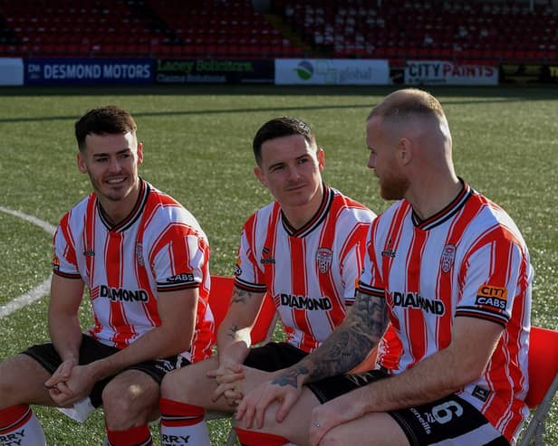 WAITING GAME . . .  Derry City’s Danny Mullen, Ciaran Coll and Mark Connolly. Photo: George Sweeney