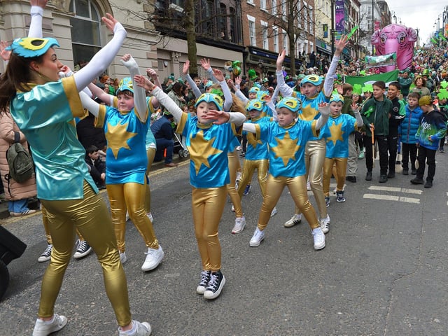 The Derry St Patrick’s Day parade makes its way towards the city centre on Monday afternoon. Photo: George Sweeney.