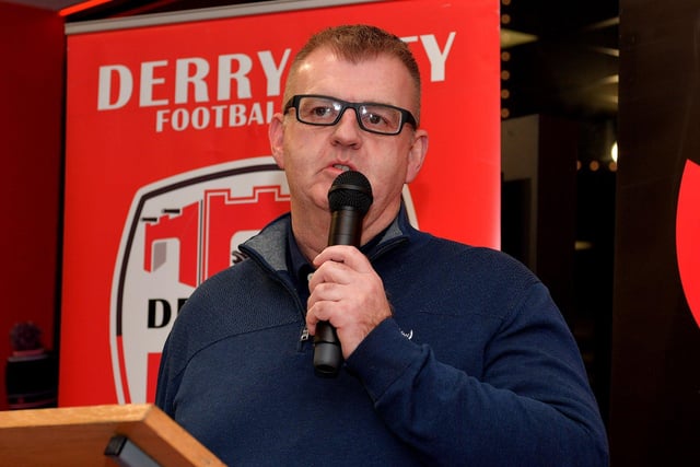 Derry City director Robert Martin speaking at the launch of Derry City’s 2024 home shirt at O’Neill’s superstore on Wednesday evening. Photo: George Sweeney