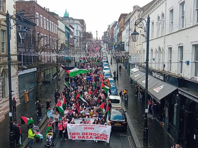 Thousands participate in Derry rally for Palestine calling for a ceasefire in Gaza on January 13, 2024