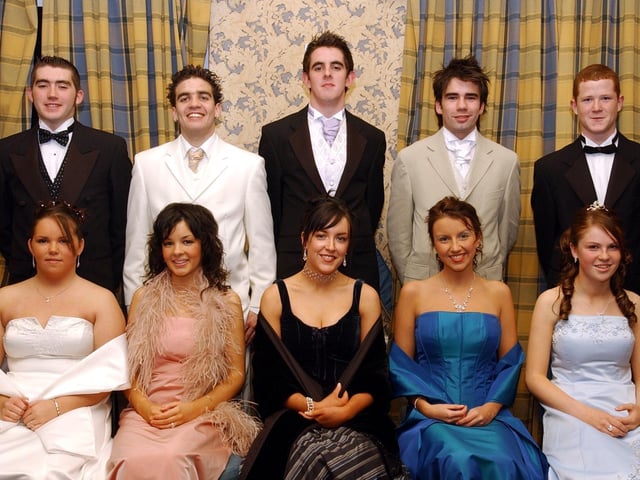 Front, from left, are Lisa Whoriskey, Annie McAteer, Ashleigh Moore, Mairiosa Biddle and Laura McCashim. Back, from left, are Michael Green, Eion McCartney, Ciaran O'Hara, Gavin Donnelly and Seosamh Rankin. (1611C01) : Students and their guests pictured at the St Columb's College formal back in November 2004.