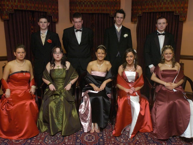Seated, from left, Emma Morrow, Shauna Cooper, Aisling O'Connor, Theresa Doherty, and Denise Moore. Standing, from left, Cathal Doherty, Niall Barton, Christopher Hegarty, and Kilgar Porter. (1801PG10) : Scoil Mhuire Formal  in January 2005.