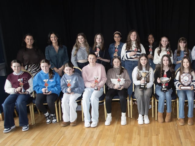 Adjudicators Blathnaid Biddle, Feargal Friel and Alisha Gilmore pictured with Year 9 competition winners on Saturday.