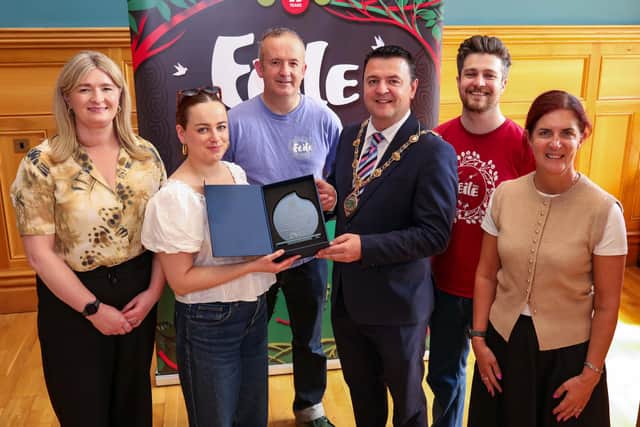 The Mayor of Derry, Councillor Ruairi McHugh with staff, board members, representatives of local community groups and elected representatives as a reception in the Guildhall for Feile Derry. Photo: Lorcan Doherty.