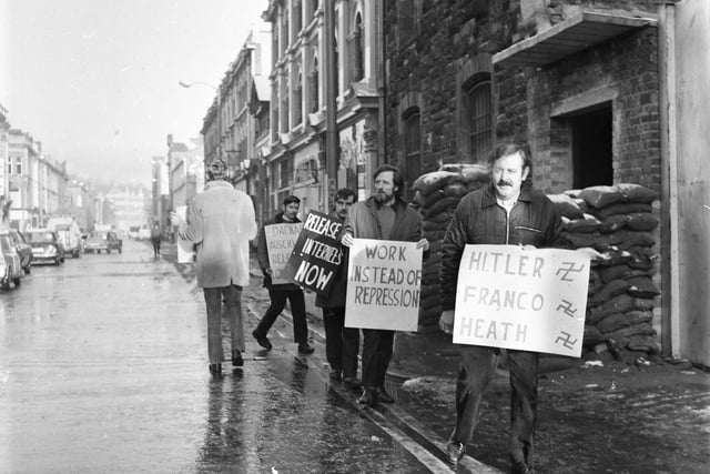 Members of the James Connolly Republican Club, who picketed Victoria barracks, Strand Road, in protest at the visit of British Prime Minister Edward Heath.