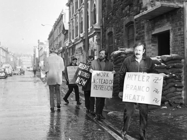 Members of the James Connolly Republican Club, who picketed Victoria barracks, Strand Road, in protest at the visit of British Prime Minister Edward Heath.