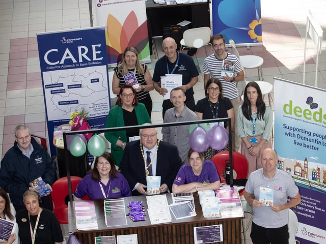 ONE STOP SHOP FOR DEMENTIA AT FOYLESIDE. . . .The Deputy Mayor, Darren Guy pictured at Foyleside during Friday's One Stop Shop for Demential Information Day with representatives from the Old Library Trust, stall holders and members of the public. Front right is George McGowan, Project Director, Old Library Trust. (Photos: Jim McCafferty Photography)