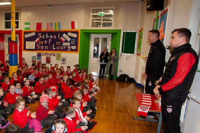 St Eugene's PS pupils ask their questions to Derry City duo Joe Thomson and Shane McEleney.