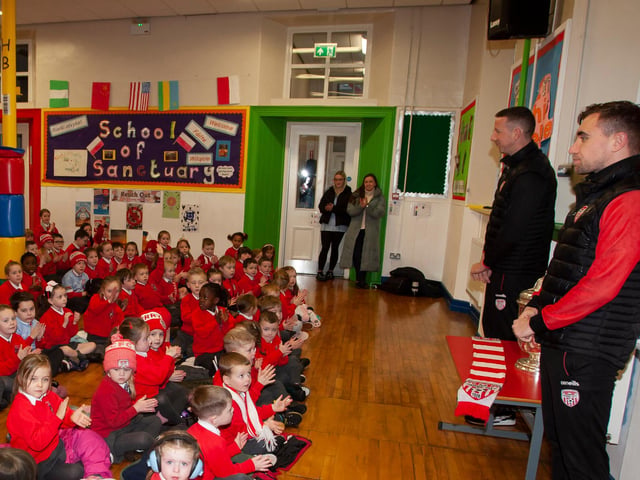 St Eugene's PS pupils ask their questions to Derry City duo Joe Thomson and Shane McEleney.