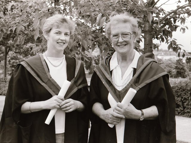 Photographs of students, professors, and proud parents during the Magee graduations in June 1995.