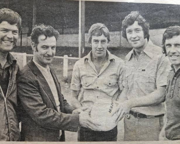 Mr Eamon Doherty of the Bull Park organising committee receiving a football autographed by both sides to be raffled for charity following a testimonial game for Finn Harps player Peter Hutton, played between Harps and an International Select managed by Johnny Giles. Pictured from left, Jon Clifford & Eamon Doherty, Bull Park organising committee, Danny McDaid, Peter Hutton and Johnny Giles.