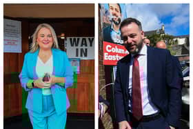 Casting their ballots yesterday morning were SDLP Leader Colum Eastwood at Model P.S. and Sinn Féin Councillor Sandra Duffyat Lenamore Youth Centre. Photos by George Sweeney / Derry Journal.