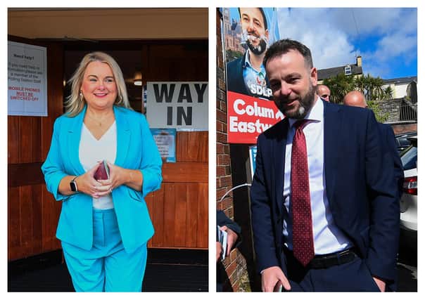 Casting their ballots yesterday morning were SDLP Leader Colum Eastwood at Model P.S. and Sinn Féin Councillor Sandra Duffyat Lenamore Youth Centre. Photos by George Sweeney / Derry Journal.