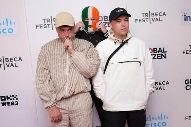 NEW YORK, NEW YORK - JUNE 09: (L-R) Móglaí Bap, Dj Provaí, and Mo Chara of Kneecap attend the "Kneecap" Premiere during the 2024 Tribeca Festival at Village East Cinema on June 09, 2024 in New York City. (Photo by Michael Loccisano/Getty Images for Tribeca Festival)
