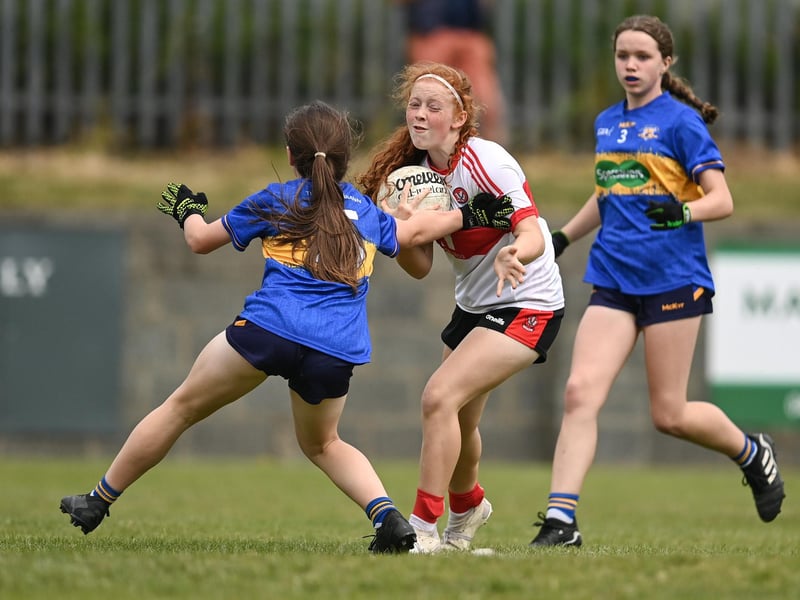Action from the 2023 All-Ireland U14 Gold Final between Derry and Tipperary at Clan na Gael GAA Club in Dundalk, Louth. Photo by Stephen Marken/Sportsfile