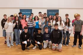 Foyle College pupils who are celebrating after receiving their GCSE results pictured with Principal Deirdre Mclaughlin on Thursday. Picture Martin McKeown