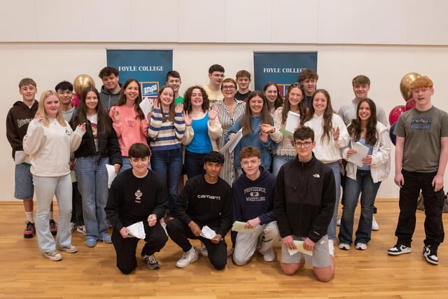 Foyle College pupils who are celebrating after receiving their GCSE results pictured with Principal Deirdre Mclaughlin on Thursday. Picture Martin McKeown