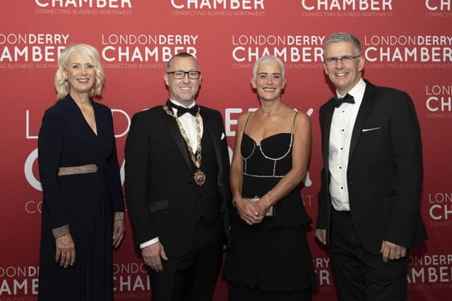 (L-R) Anna Doherty, Chamber CEO; Aidan O’Kane, Chamber President; Hannah Shields, keynote speaker; and Mark Simpson, broadcaster and event MC.
