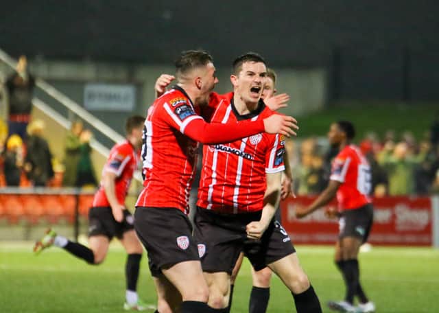 Ciaran Coll celebrates his late equaliser against Sligo Rovers. Photo by Kevin Moore.