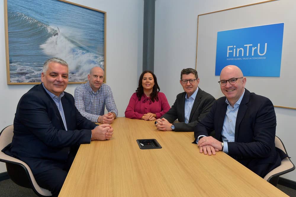 Pictured at the FinTrU announcement of the creation of 300 new jobs in the North West are Mel Chittock Interim CEO Invest NI, Steven Murtland, CFO FinTrU, Kathleen McDermott Executive Director FinTru, Greg McCann Executive Director  and Head of Fin TrU North West and Darragh McCarthy, Founder and CEO of Fin TrU. Photo: George Sweeney. DER2307GS – 46