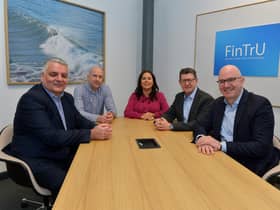 Pictured at the FinTrU announcement of the creation of 300 new jobs in the North West are Mel Chittock Interim CEO Invest NI, Steven Murtland, CFO FinTrU, Kathleen McDermott Executive Director FinTru, Greg McCann Executive Director  and Head of Fin TrU North West and Darragh McCarthy, Founder and CEO of Fin TrU. Photo: George Sweeney. DER2307GS – 46
