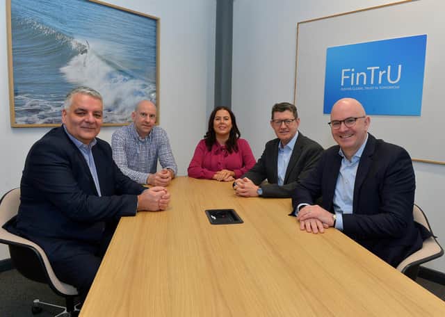 Pictured at the FinTrU announcement of the creation of 300 new jobs in the North West are Mel Chittock Interim CEO Invest NI, Steven Murtland, CFO FinTrU, Kathleen McDermott Executive Director FinTru, Greg McCann Executive Director  and Head of Fin TrU North West and Darragh McCarthy, Founder and CEO of Fin TrU. Photo: George Sweeney. DER2307GS – 46