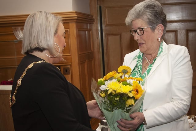 The Mayor of Derry City and Strabane District Council, Sandra Duffy pictured making a presentation to Strabane’s Ursula Melaugh at the Guildhall, Derry on Tuesday evening in recognition of her caring service to the Strabane community. (Photos: Jim McCafferty Photography)