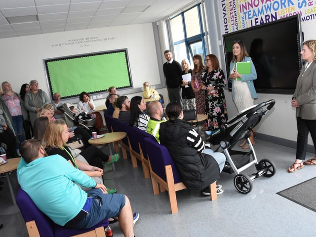 Mrs. Brenda Edwards, Head of Year 8/English addressing parents of new Year 8 starts at St. Joseph's Boys School on Friday morning. On right is Mrs. Fiona Harrigan, Vice Principal.