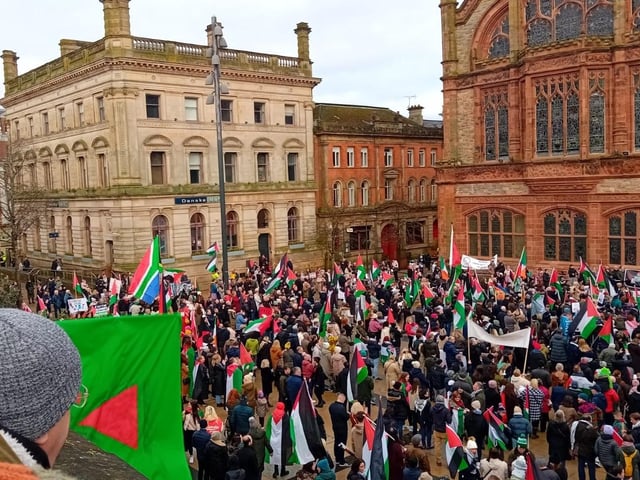 Thousands participate in Derry rally for Palestine calling for a ceasefire in Gaza on January 13, 2024