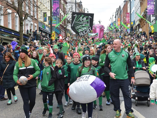 The Derry St Patrick’s Day parade makes its way towards the city centre on Monday afternoon. Photo: George Sweeney.
