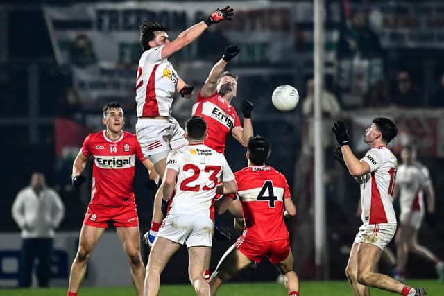 Matthew Og McGleenan of Tyrone in action against Brendan Rogers of Derry during the Allianz Football League Division 2 match between Derry and Tyrone at Celtic Park in Derry. Photo by Oliver McVeigh/Sportsfile