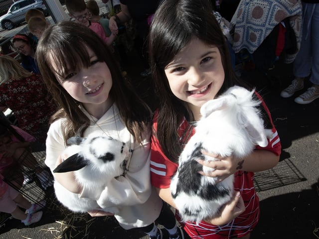 Molly Wilson and Louise Armstrong get to play with the rabbits at Saturday's Party in the Park. (Photos: Jim McCafferty Photography)