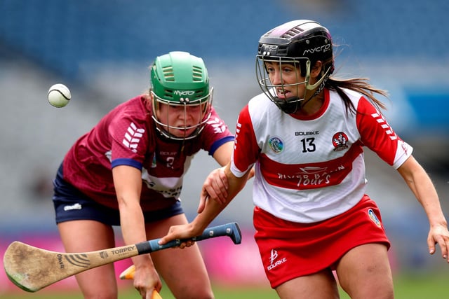 Derry’s Olivia Rafferty under pressure from Emily McCabe of Westmeath during Sunday's Very Camogie League Division 2A Final in Croke Park. (Photo: INPHO/Ryan Byrne)
