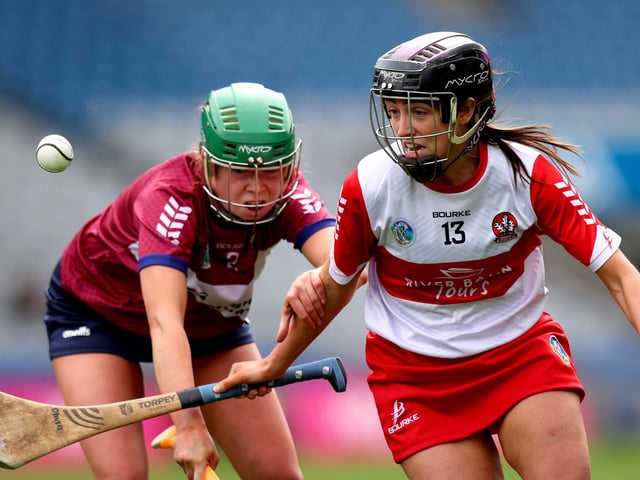 Derry’s Olivia Rafferty under pressure from Emily McCabe of Westmeath during Sunday's Very Camogie League Division 2A Final in Croke Park. (Photo: INPHO/Ryan Byrne)