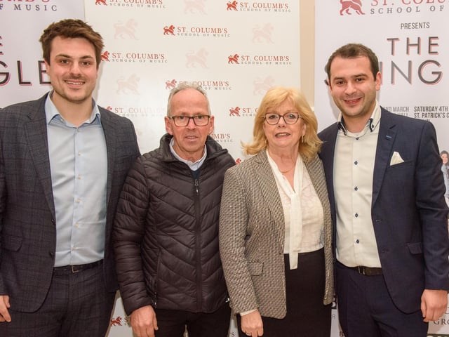 Louis Fields and Nicky Morton, founders of St.Columb’s School of Music pictured with Vincent and Helen Quigley as they hosted the School’s annual Gala concert in St.Columb’s Hall headlined by the Swingles, Picture Martin McKeown.